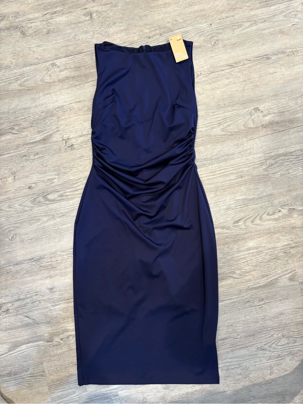 Popilush Navy Sleeveless Ruched Midi Dress